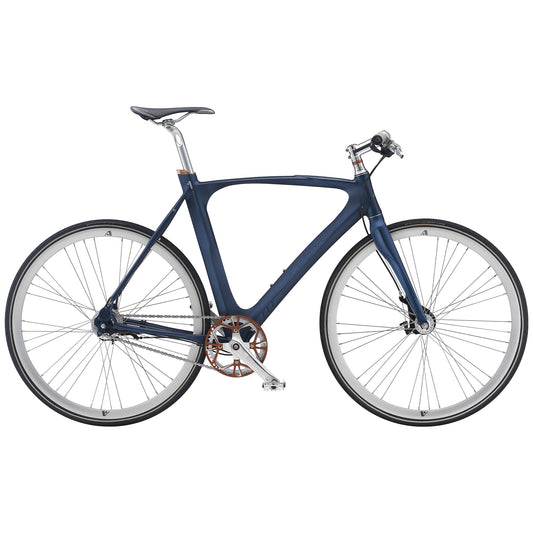 Cykel med mörkblå ram och svart sadel, skivbromsar fram och bak