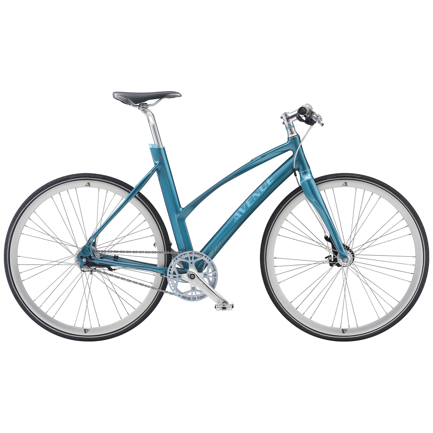 Turkos cykel med skärmar, sadel och kedjedrev