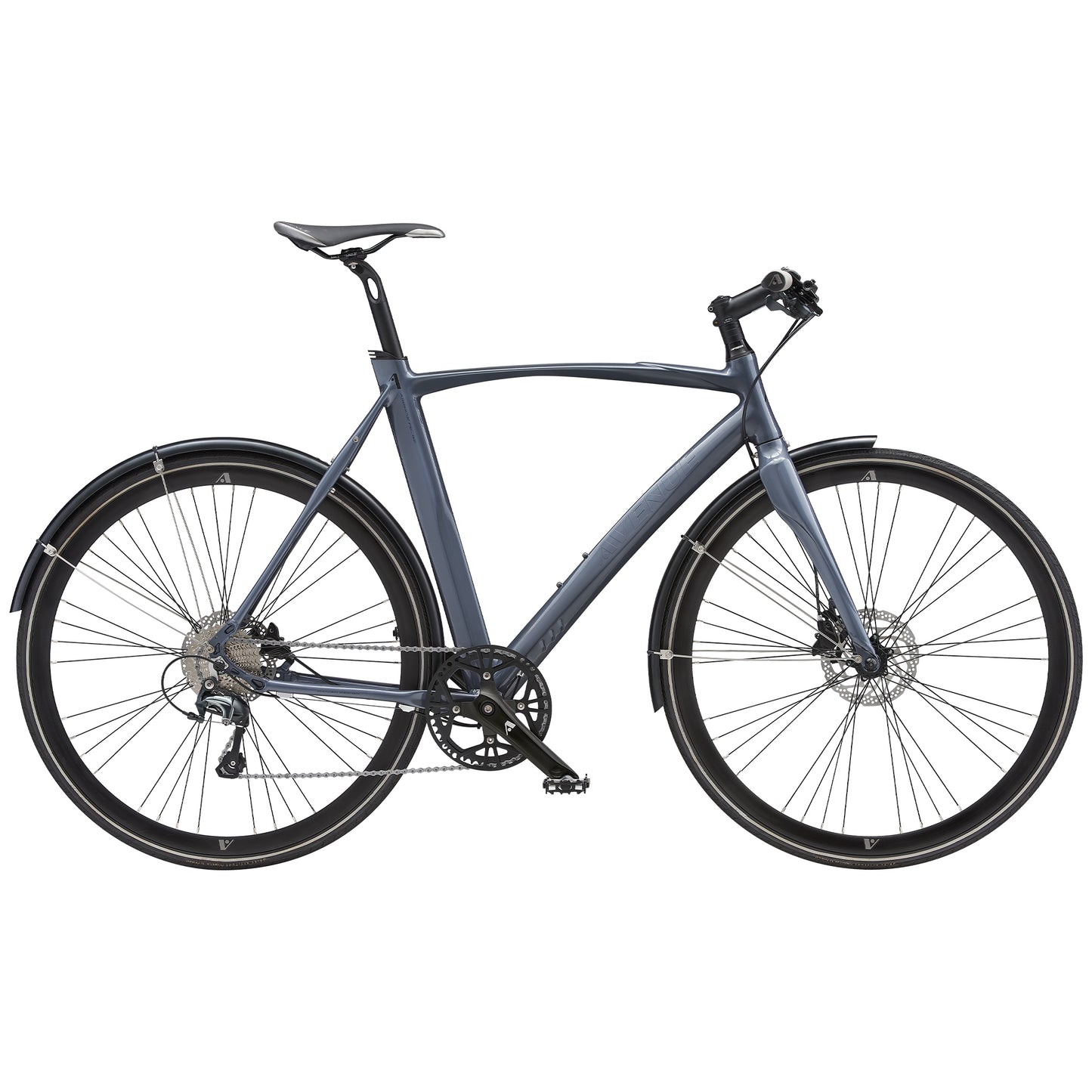 Metallcykel i blank leda med växel och skivbroms, helsida
