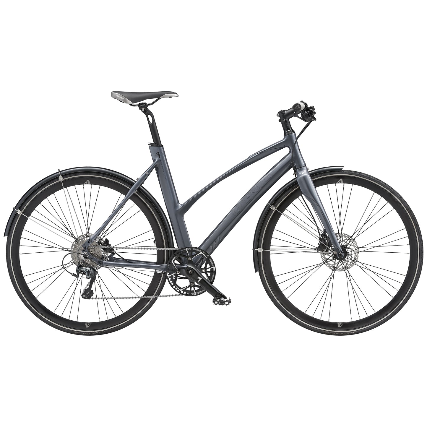 Metallcykel med diamantram, svart sadel och framlykta; skivbromsar fram och bak