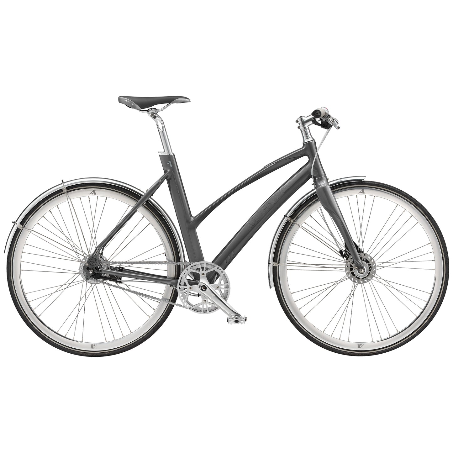 Mörk herrcykel med sadel, 2 hjul och kedjedrev.