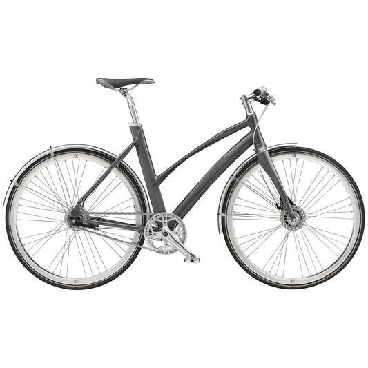 Mörk herrcykel med sadel, 2 hjul och kedjedrev.