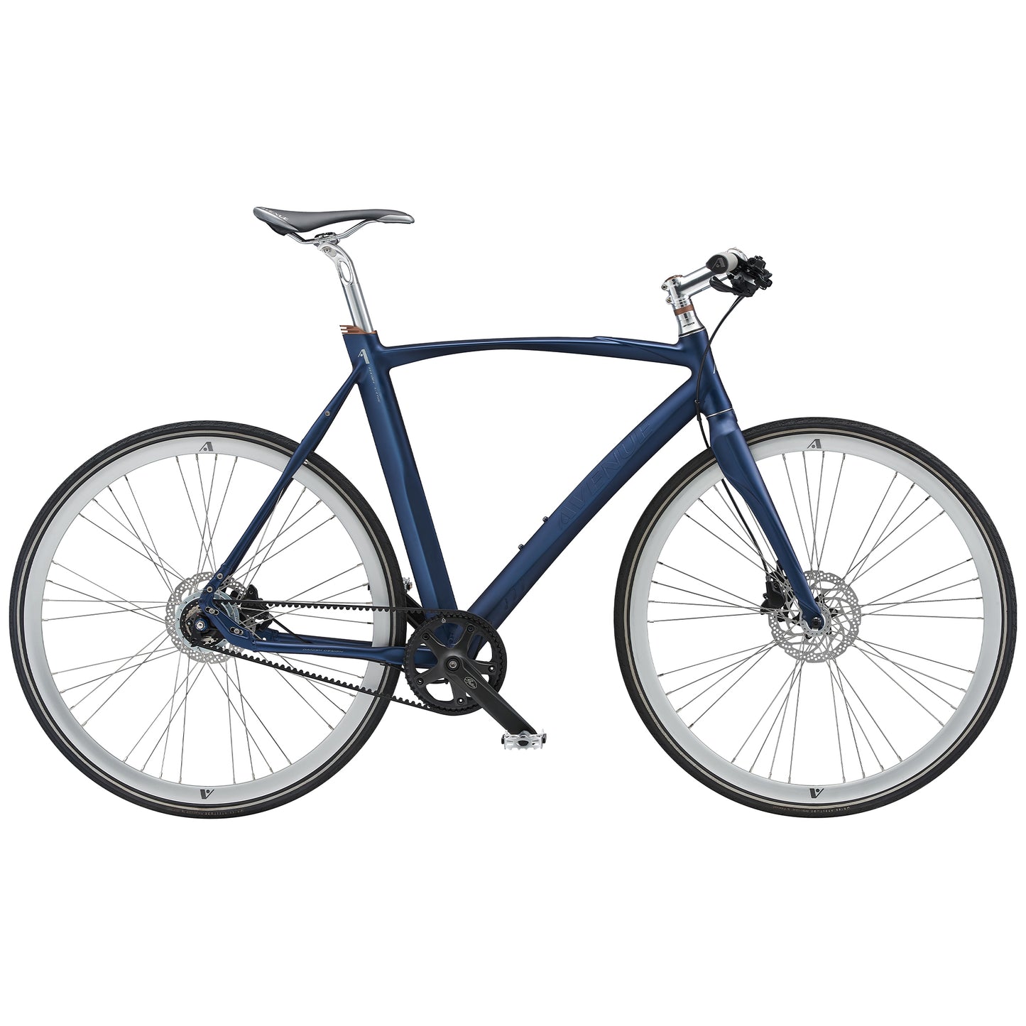 Damcykel med blå ram, skivbroms fram och bak, grå fälgar, svart sadel och styre
