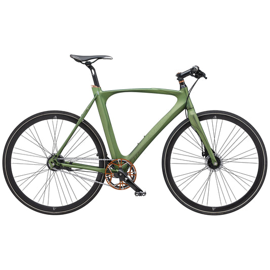 Cykel med grön ram och svart sadel, skivbromsar fram och bak