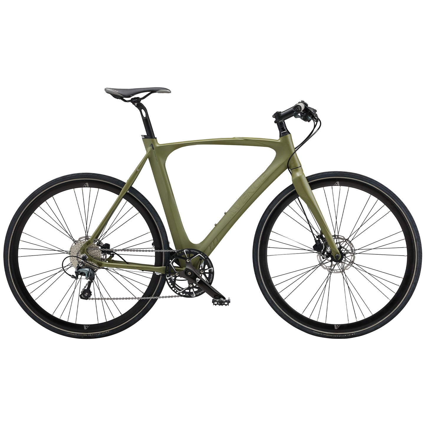 Cykel med matt grön ram, svart sadel och fram- och bakhjul med skivbroms.