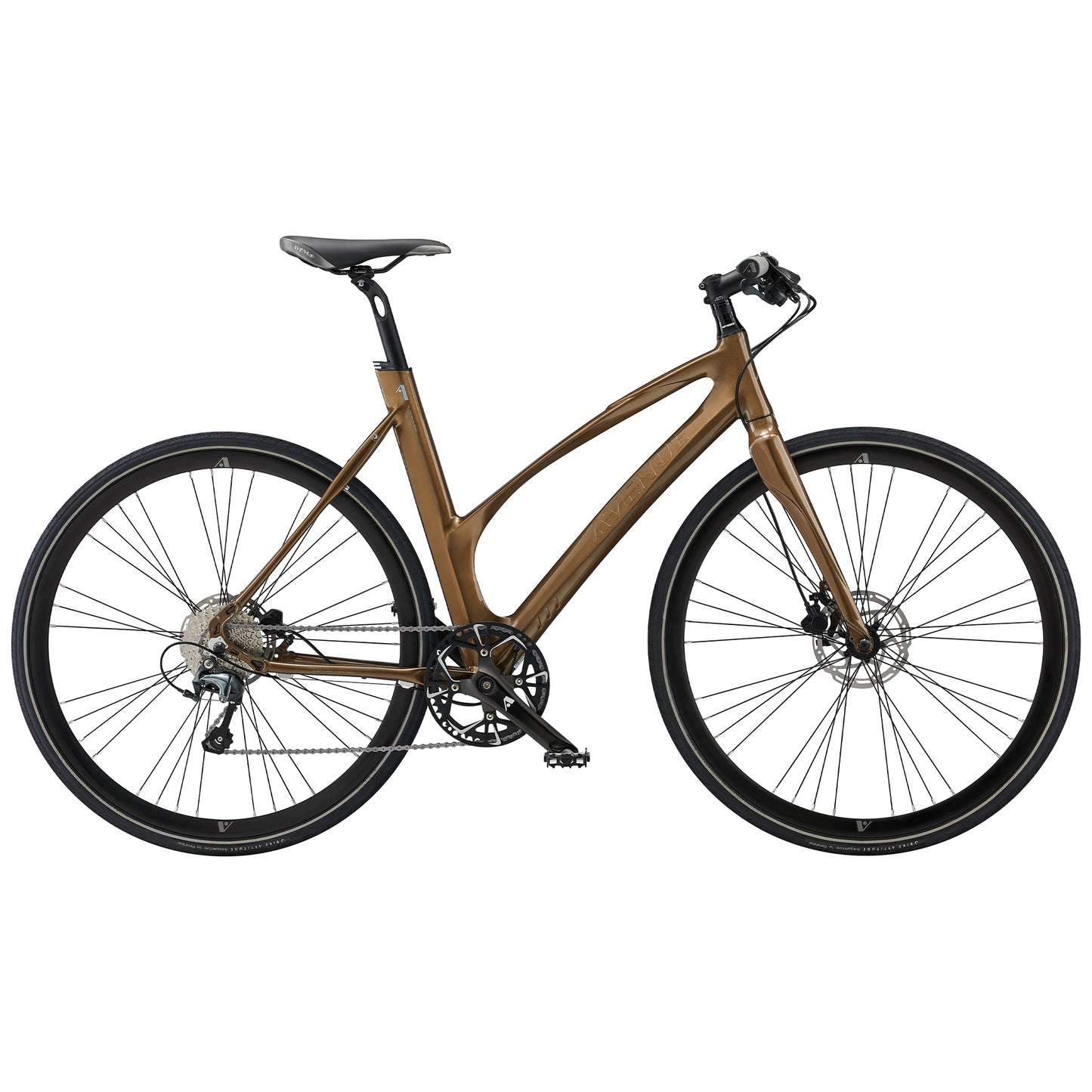 Kopparfärgad cykel med svart sadel, skivbromsar och två ekrade hjul