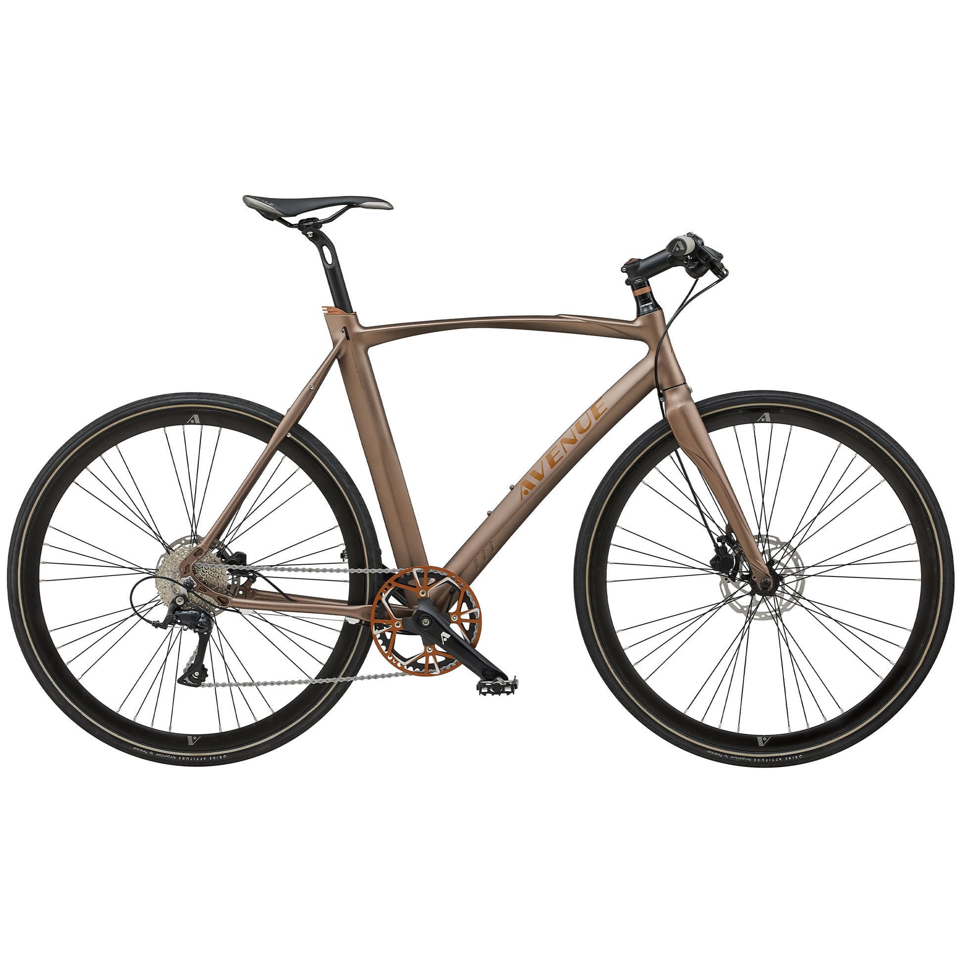Cykel med matt mörk kopparfärgad ram och svarta hjul