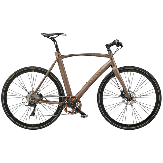 Cykel med matt mörk kopparfärgad ram och svarta hjul