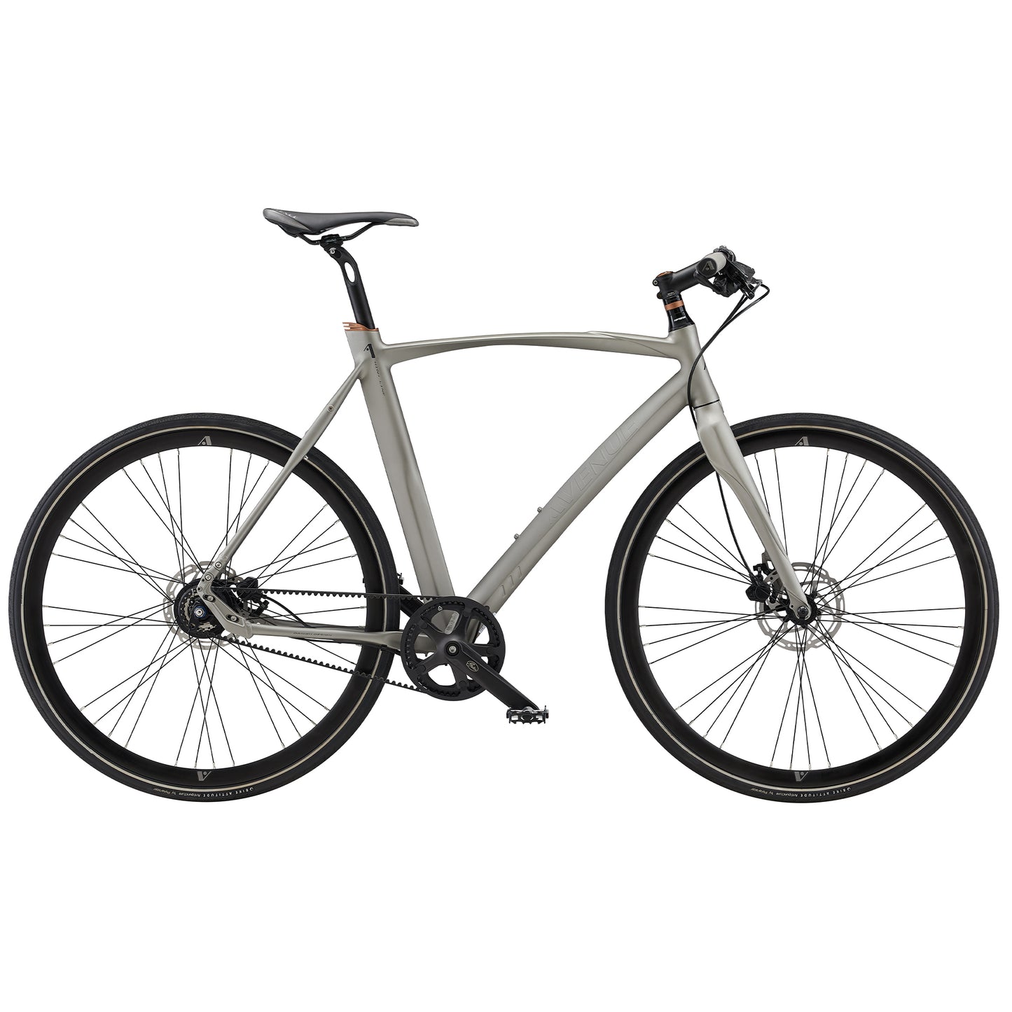Damcykel med matt silver ram, skivbroms fram och bak, svart sadel och styre
