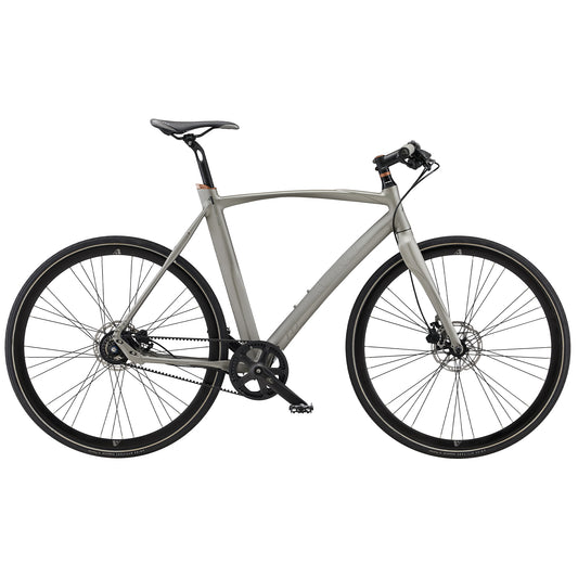 Damcykel med matt silver ram, skivbroms fram och bak, svart sadel och styre