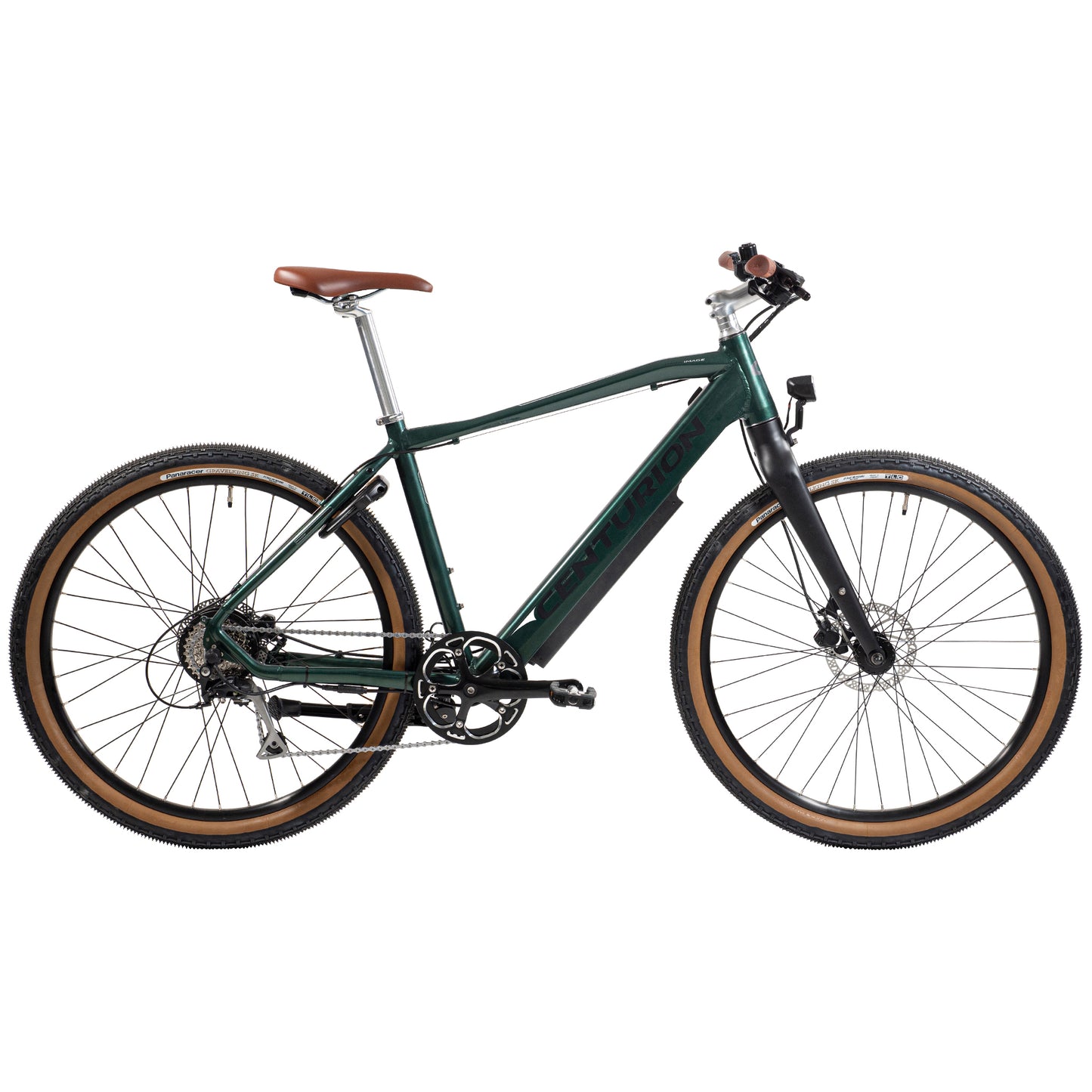 Blank grön cykel med sadel, ram och framhjul.