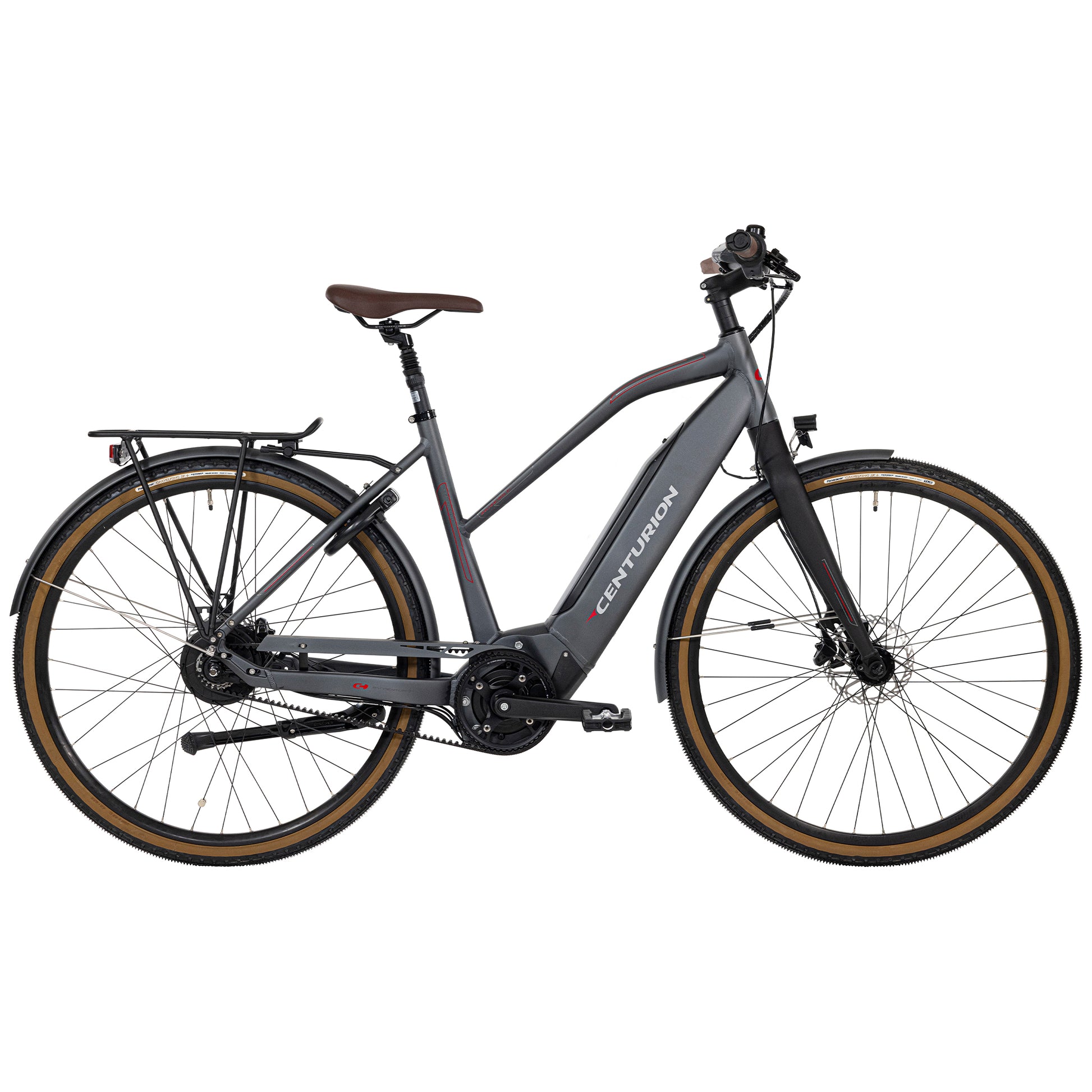 Mattgrå elcykel med bakre pakethållare, skivbromsar och framlyse