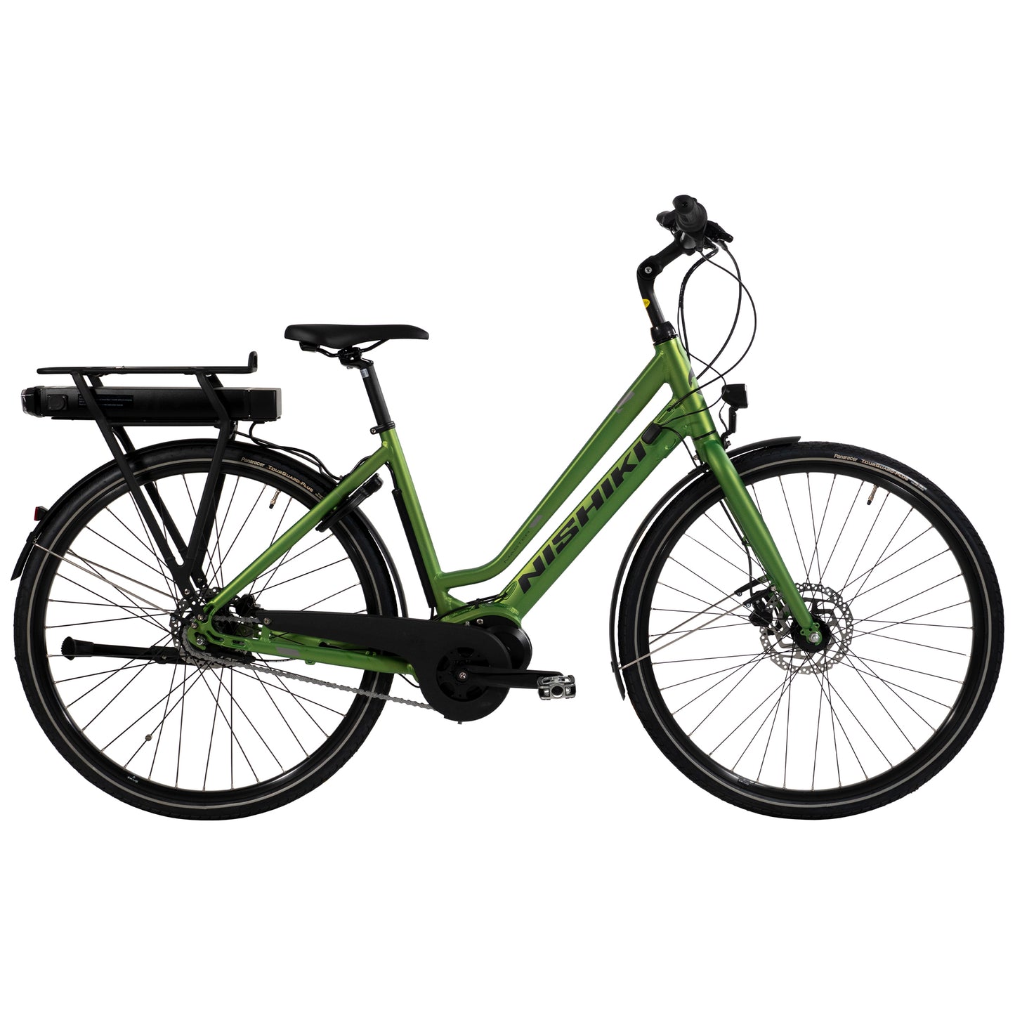 Elcykel Nishiki Master E i grönt med pakethållare, framlykta och skärmar