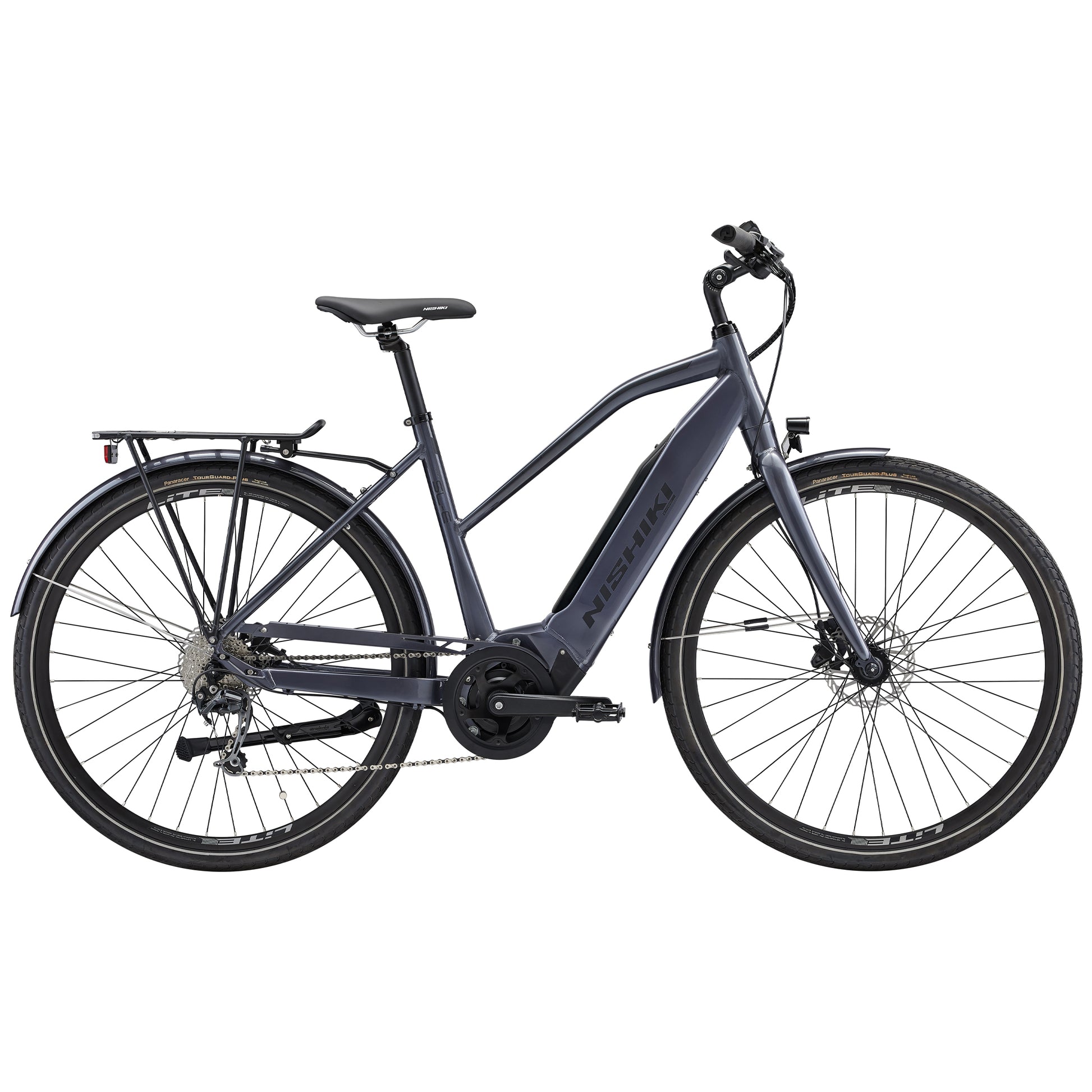 Nishiki Pro SLE elcykel i matt grå med framlyse och pakethållare