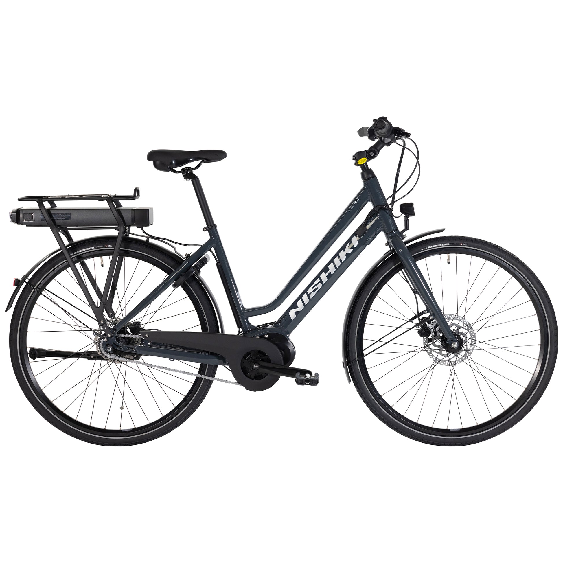 Elcykel Nishiki Master E i blått med pakethållare, framlykta och skärm