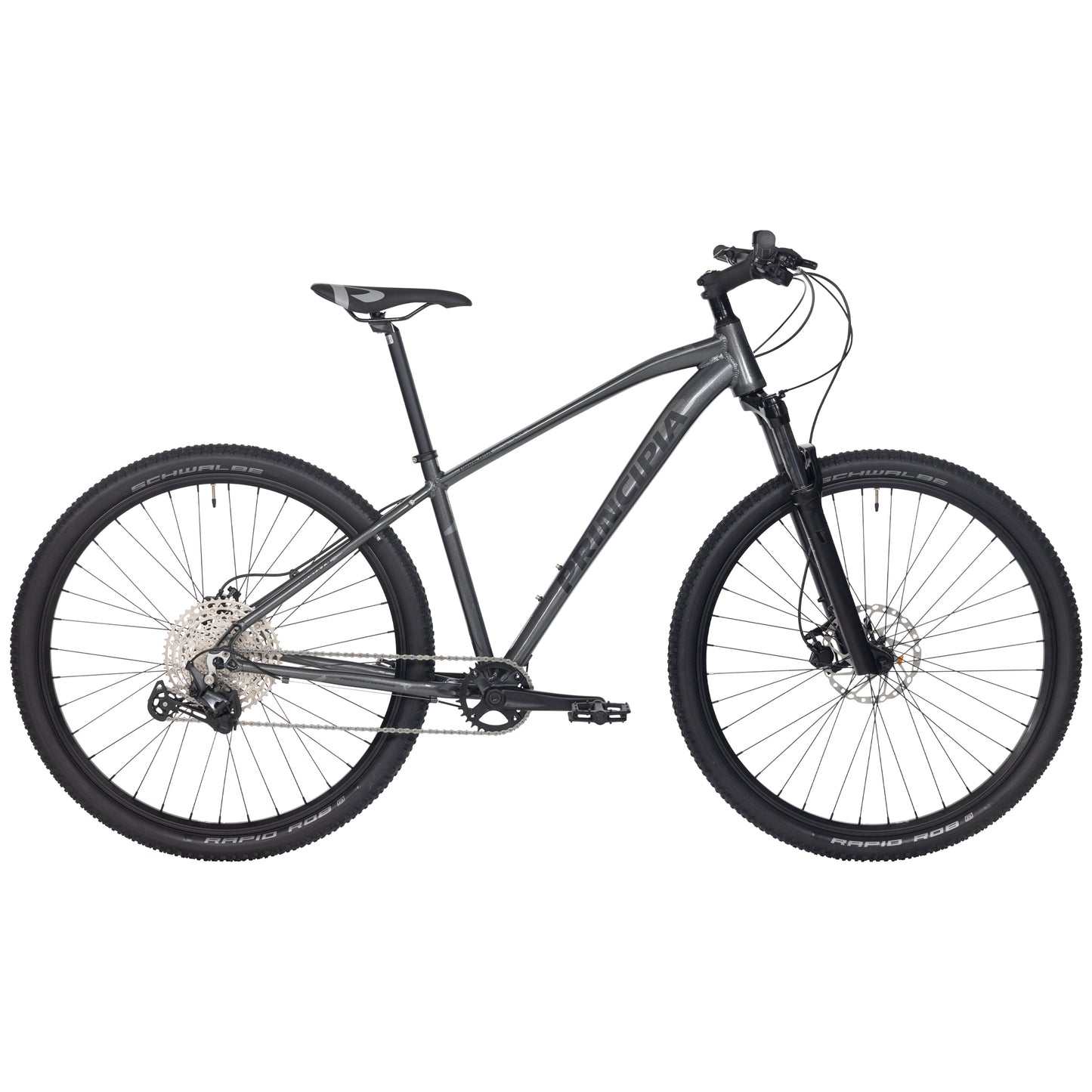 Grå mountainbike med svart ram och skivbroms, hel vy.