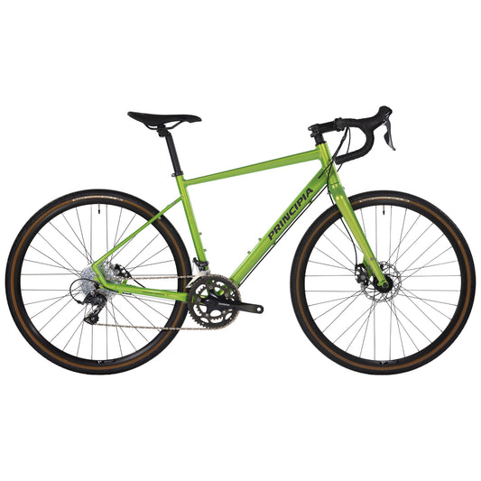 Gravelcykel grön med dropstänger och skivbromsar, svart sadel och styre