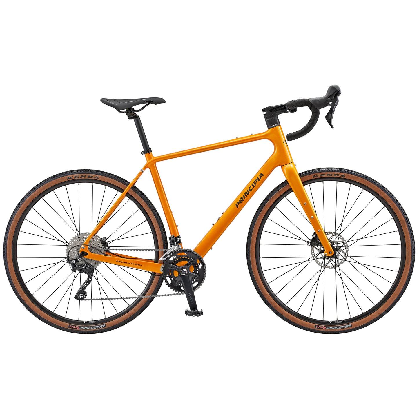Gravelcykel med orange ram och svarta däck, styr och sadel