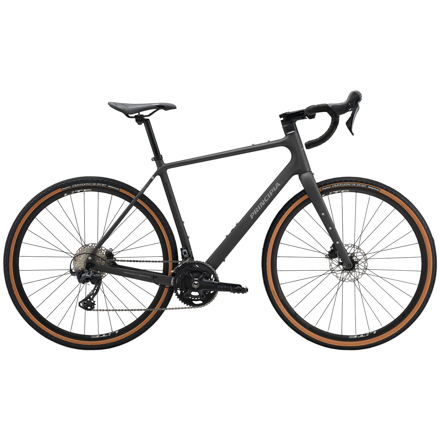 Gravelcykel med matt svart ram, svarta hjul och framgaffel