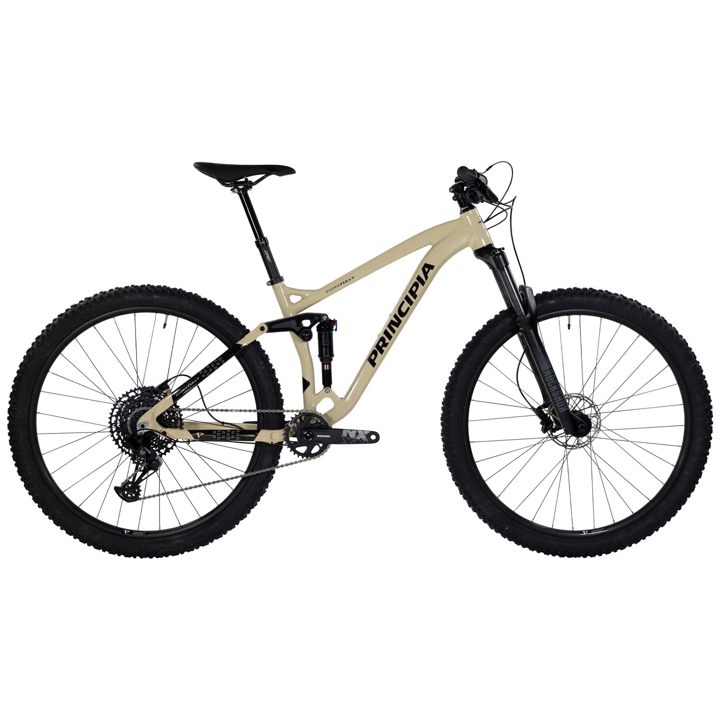 Hel­fjädrad mountainbike med blank sandfärgad ram och svarta hjul