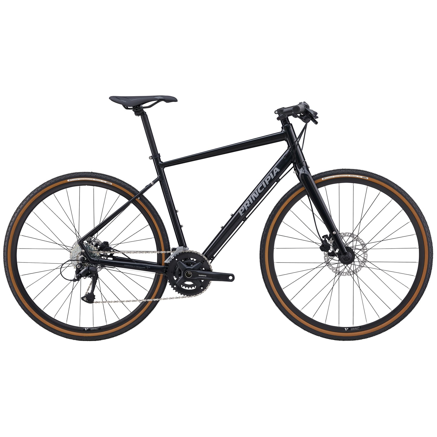 Principia Gravel H10-gravelcykel med kopparram och skivbroms, svart gaffel och sadel.