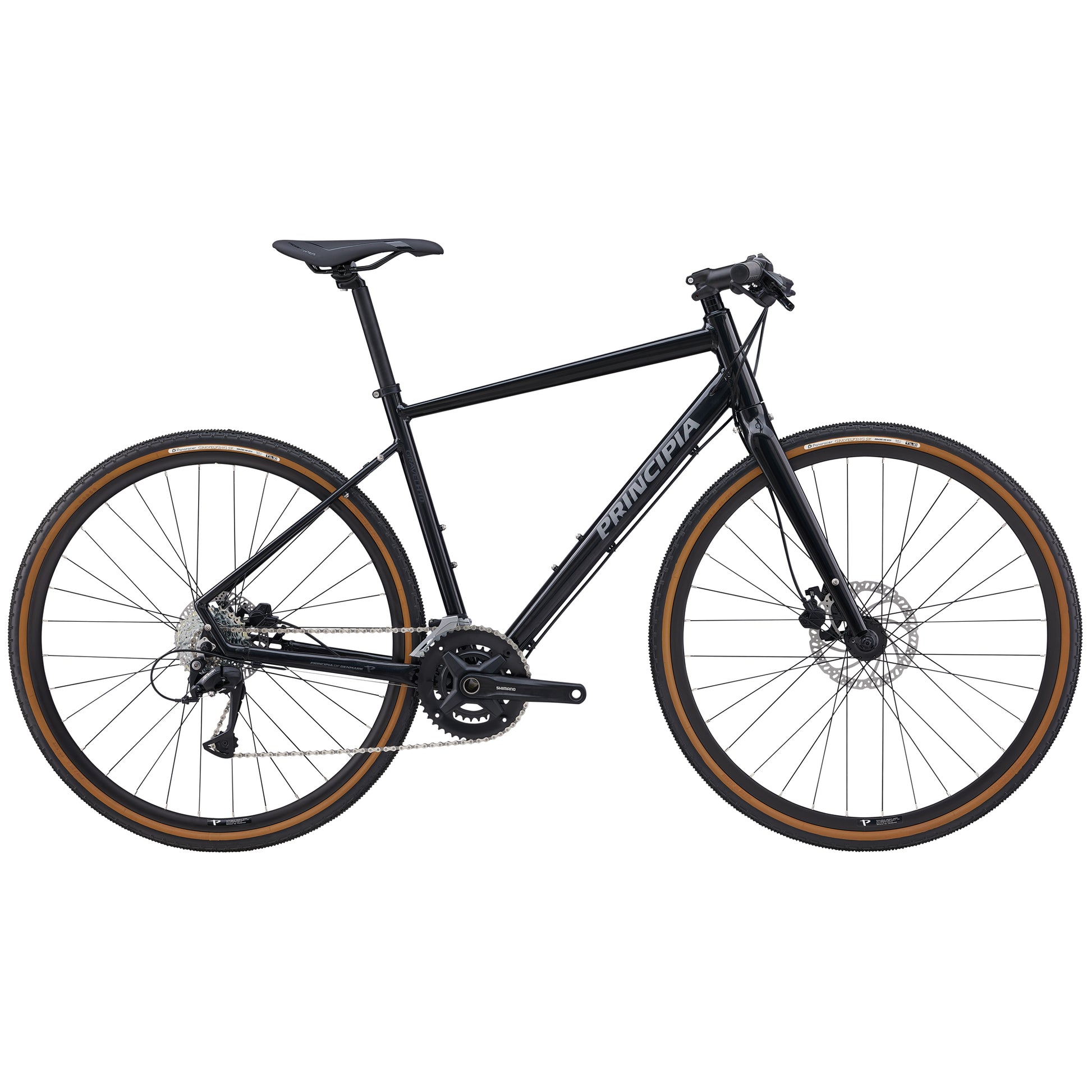 Principia Gravel H10-gravelcykel med kopparram och skivbroms, svart gaffel och sadel.