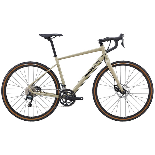 Gravelcykel Principia med sandfärgad ram och svarta hjul, drop-bar och skivbromsar