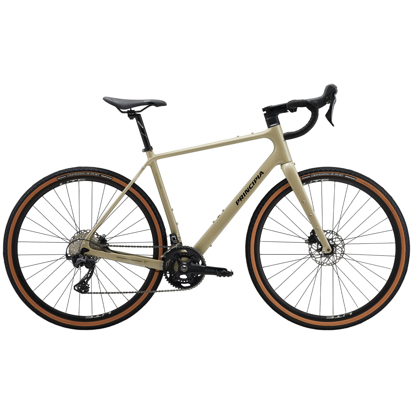 Gravelcykel med ljus sandfärgad ram, svarta däck, hjul och styr