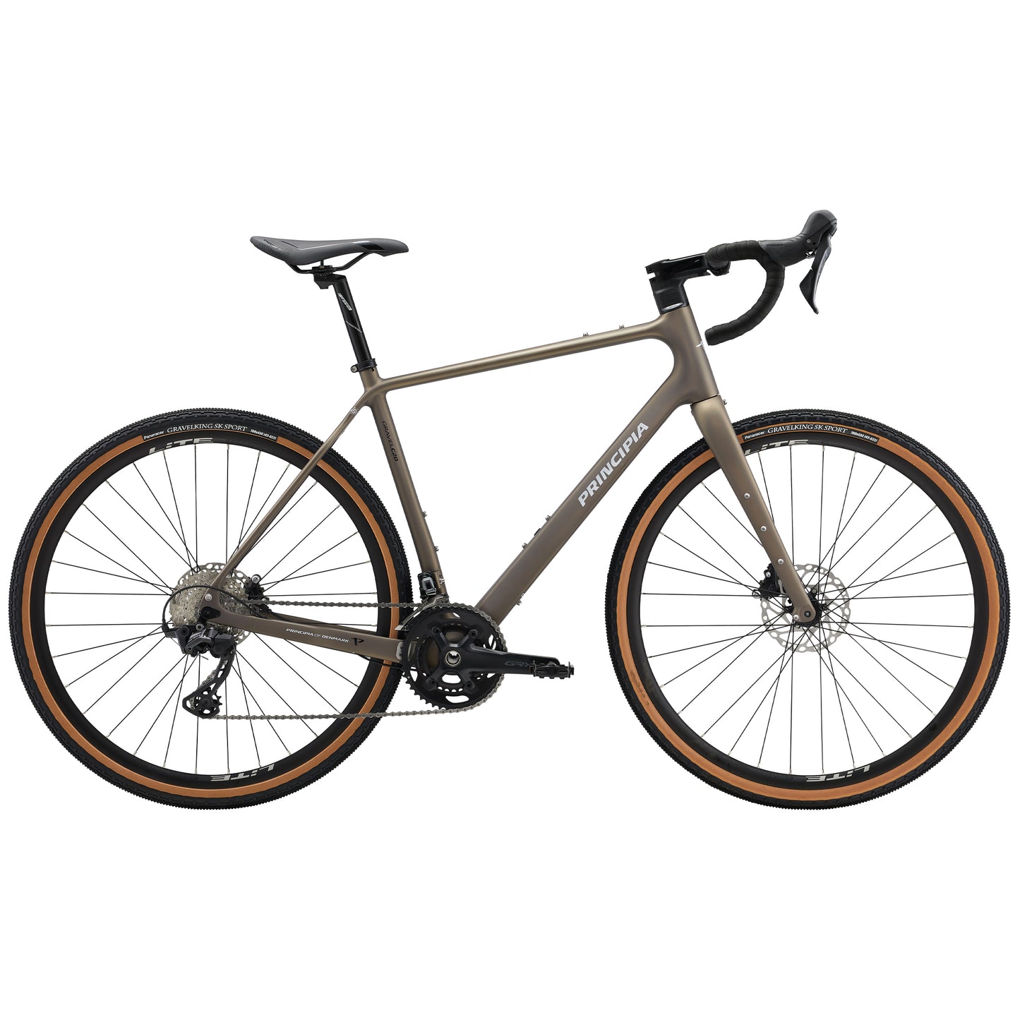 Gravelcykel med matt kopparfärgad ram, svarta hjul och framgaffel
