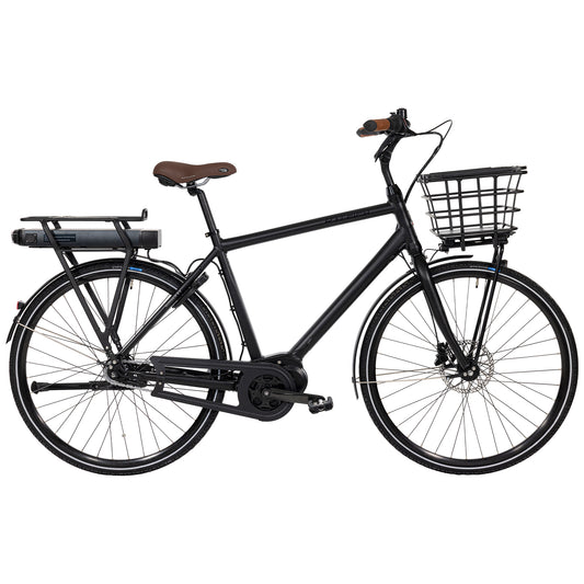 Svart herrcykel med framkorg, kedjeskydd och stänkskärmar, upprätt sittställning
