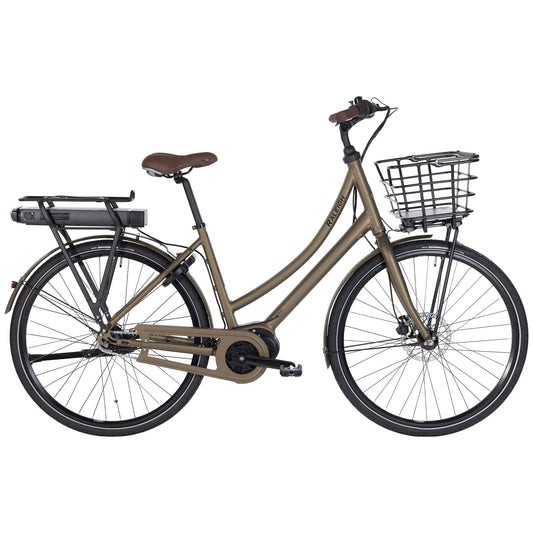 Raleigh Sussex E2 elcykel i matt sand med främre korg och pakethållare bak