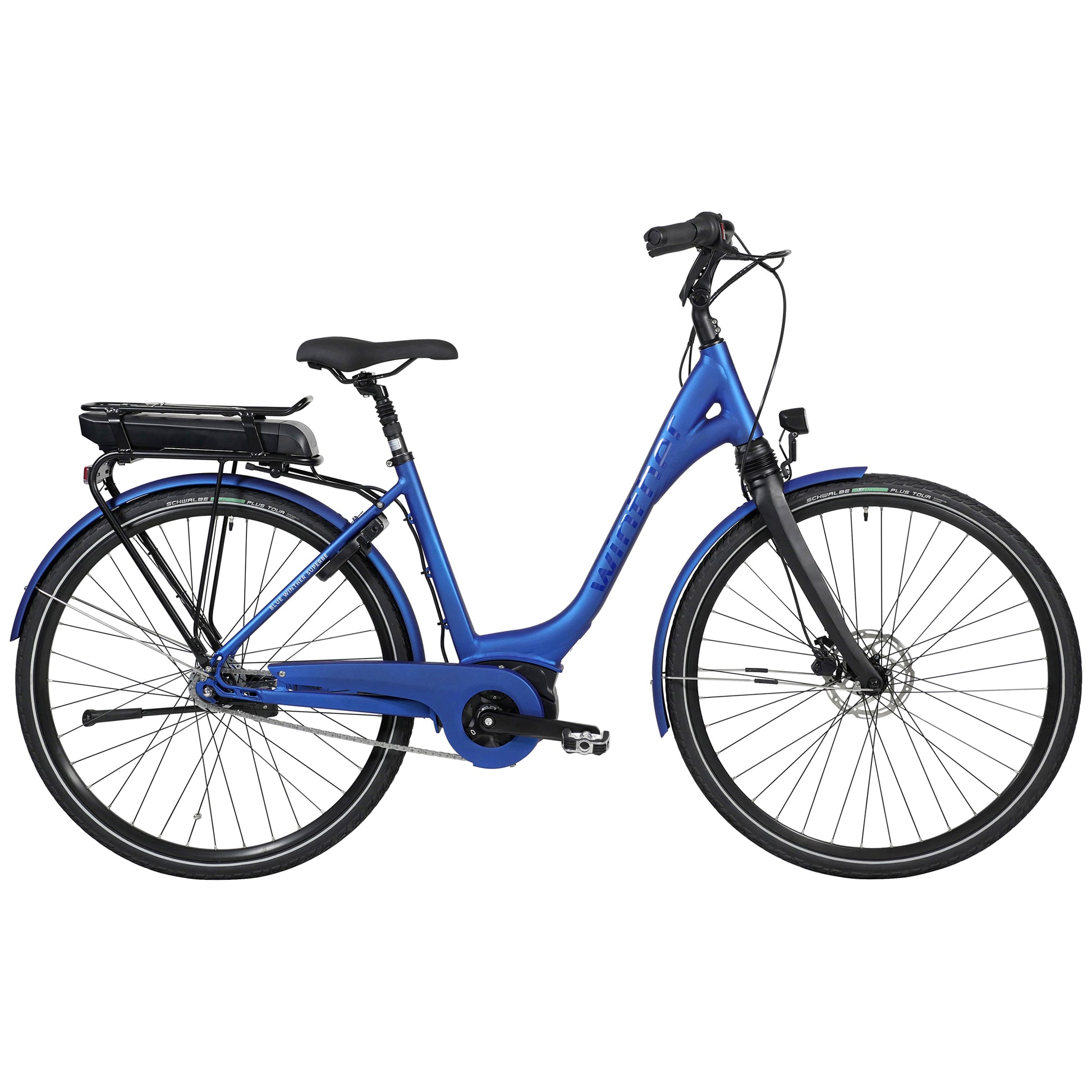 Mattblå cykel med pakethållare, sadel och framdäck