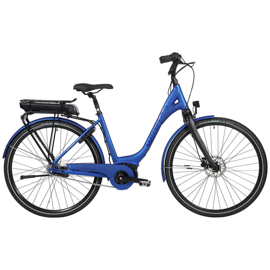 Mattblå cykel med pakethållare, sadel och framdäck