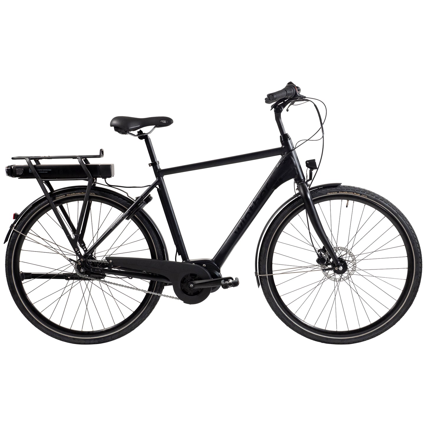 Cykel med mattsvart ram och bärpaket fram