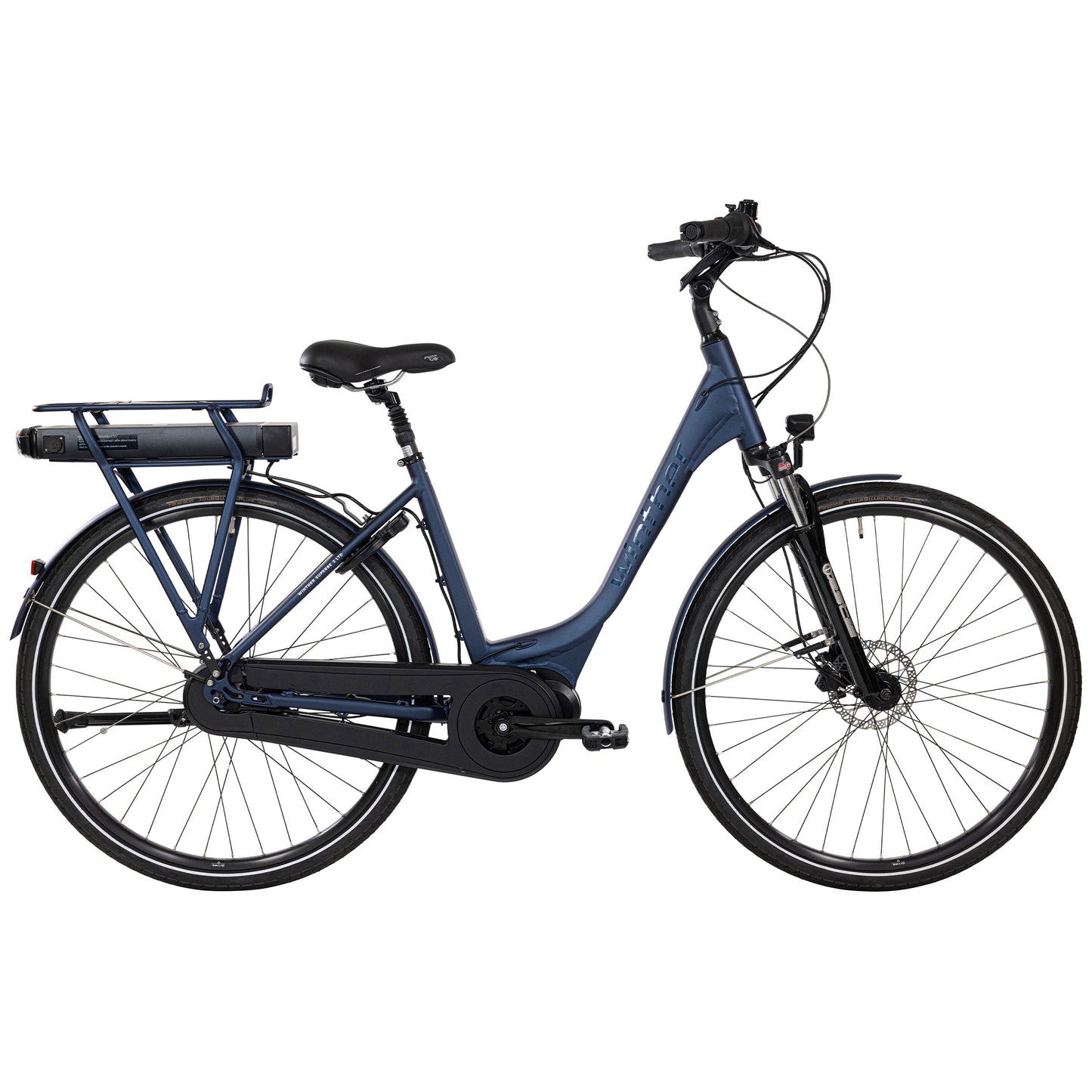 Elcykel Winther Superbe 2 LTD med blå ram, främre lampa och bakre pakethållare.