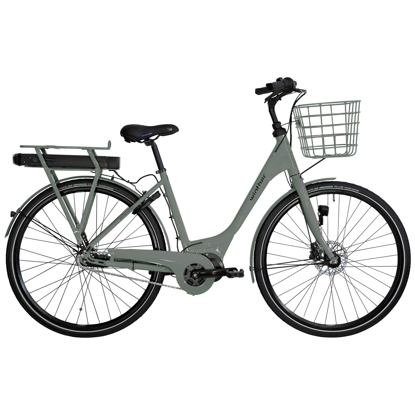 Damcykel med frontkorg, grå ram och pakethållare bak