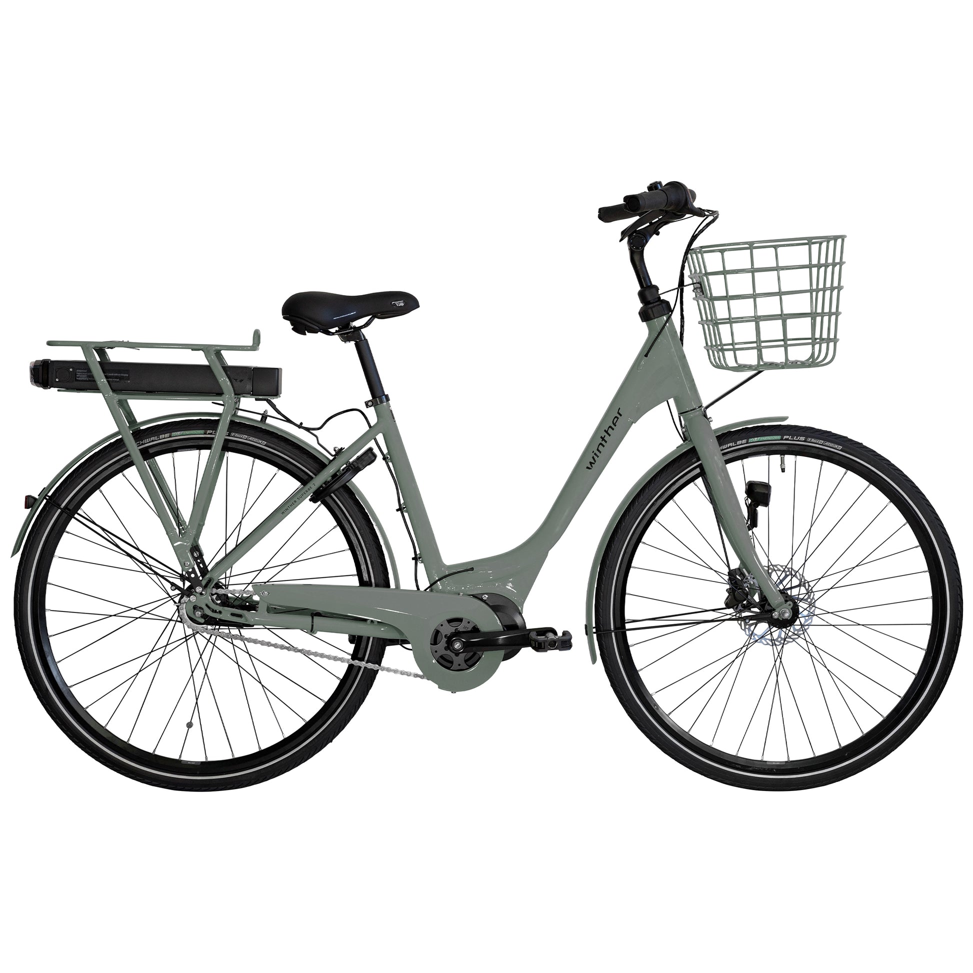 Damcykel med frontkorg, grå ram och pakethållare bak