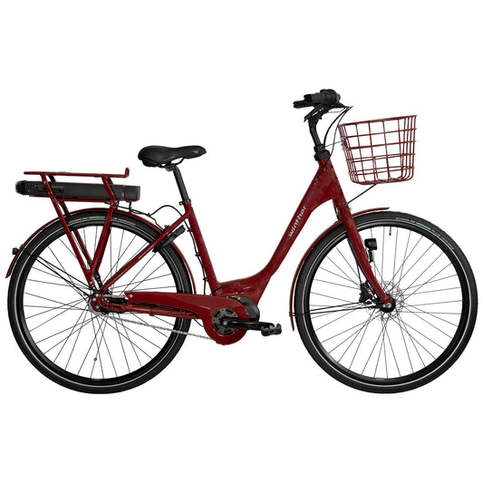 Damcykel med frontkorg, bordeauxfärgad ram och pakethållare bak