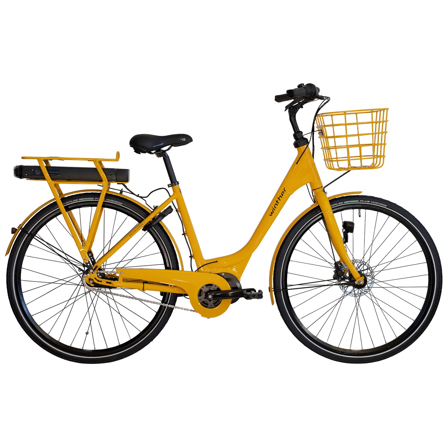 Damcykel med frontkorg, gul ram och pakethållare bak
