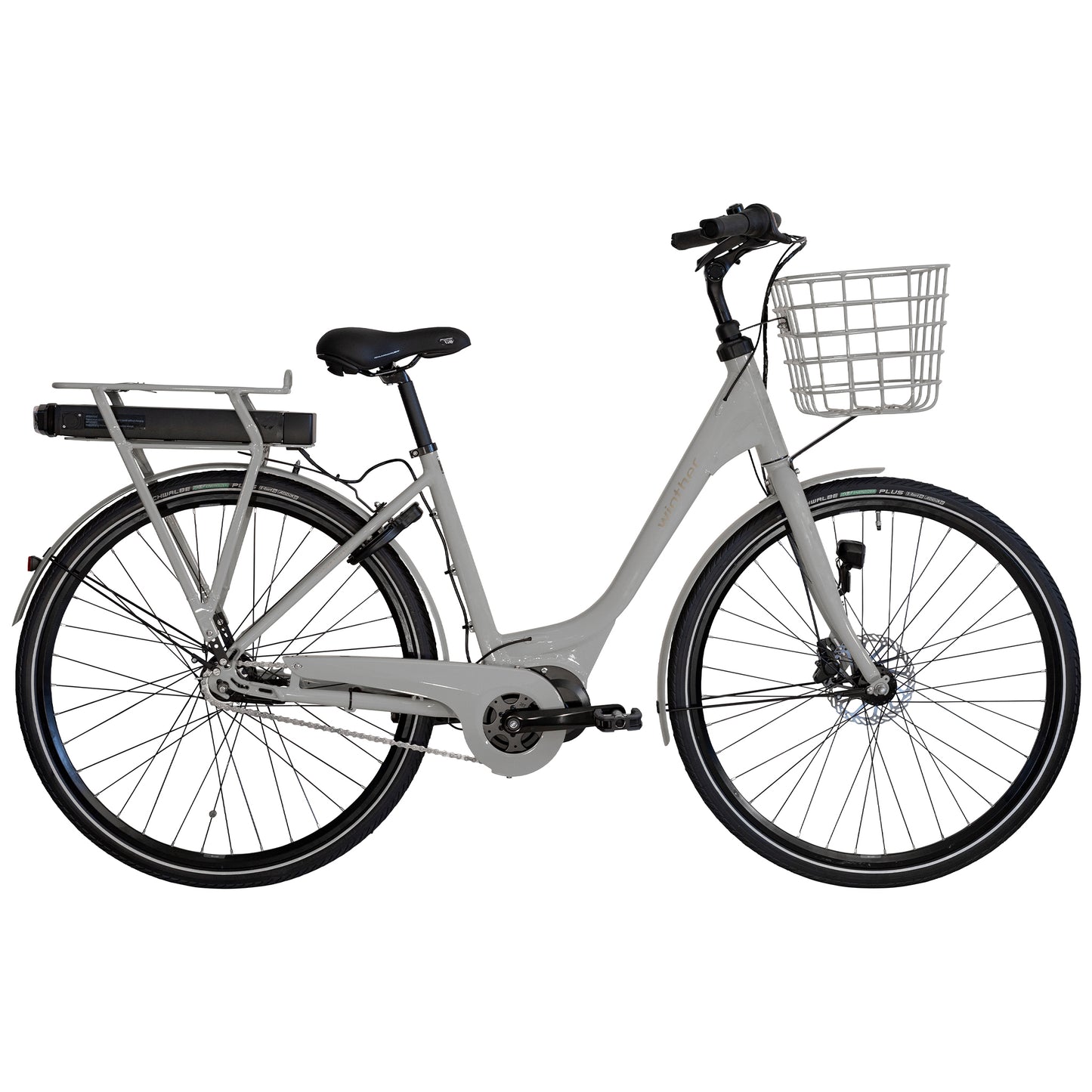 Damcykel med frontkorg, ljusgrå ram och pakethållare bak