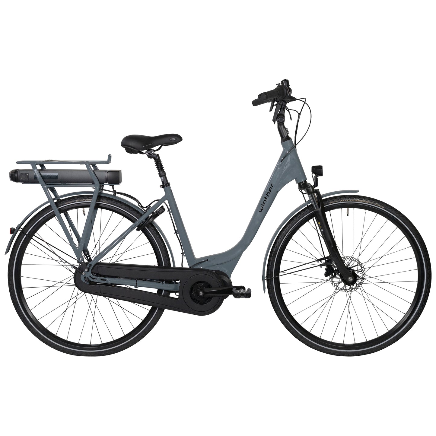 Elcykel Winther Superbe 2 LTD med blank blågrå ram, pakethållare och stänkskärmar.