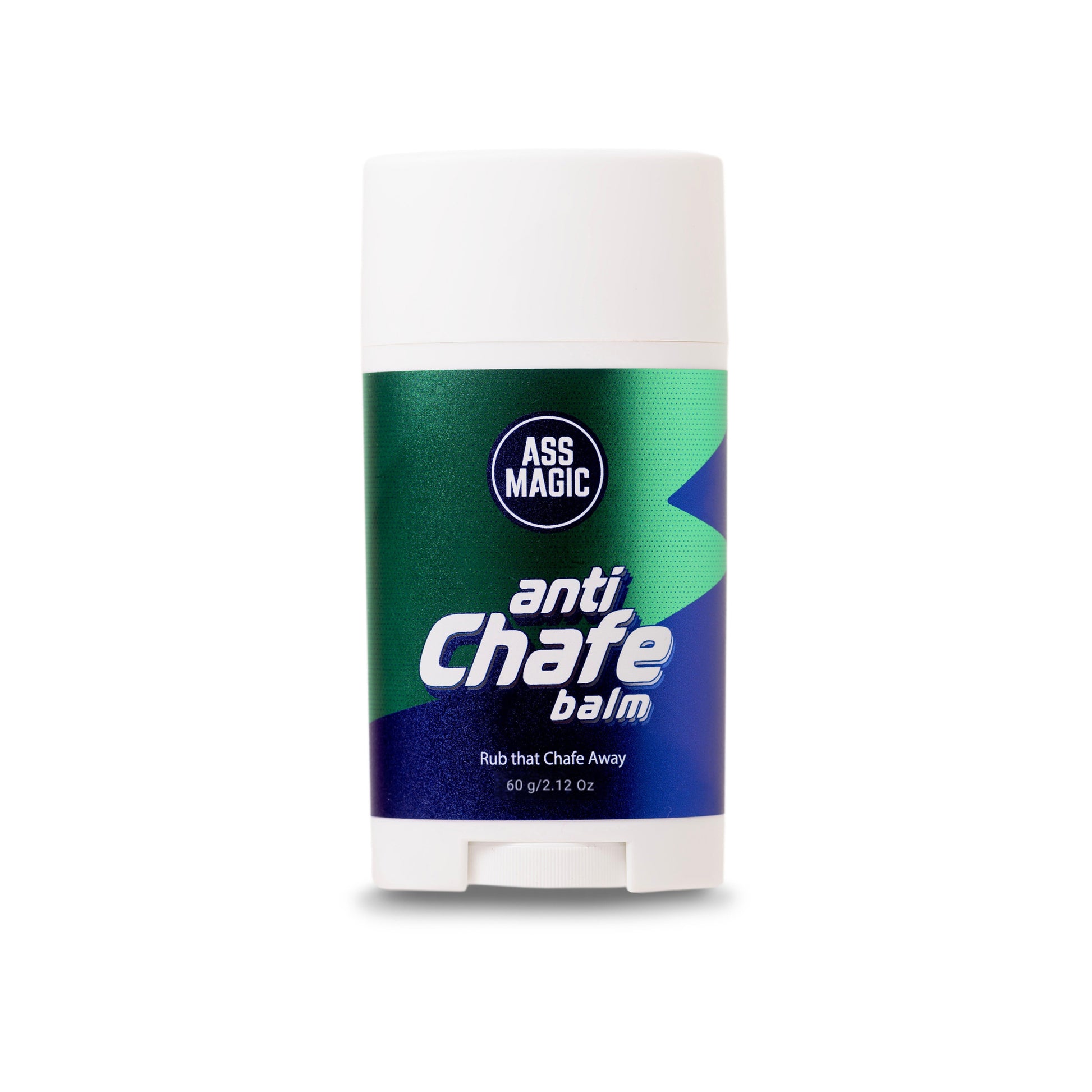 Anti-chafing balsam i stickform med Ass Magic-märkning och grön/blå etikett.