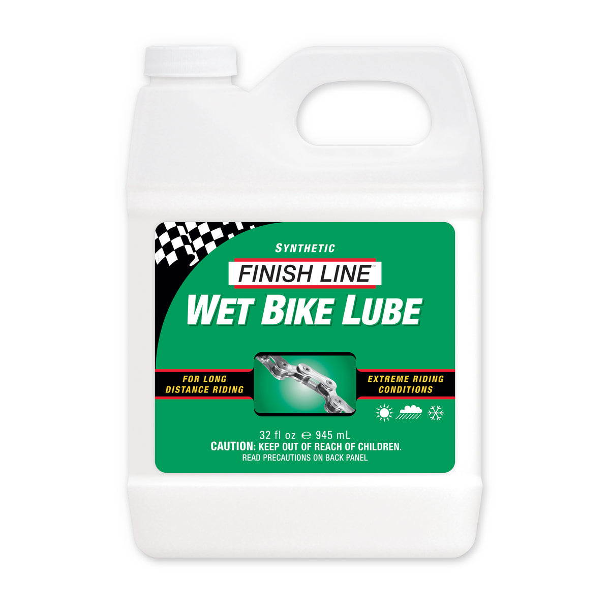 Finish Line wet bike lube-olja i vit flaska med etikett, 945 ml