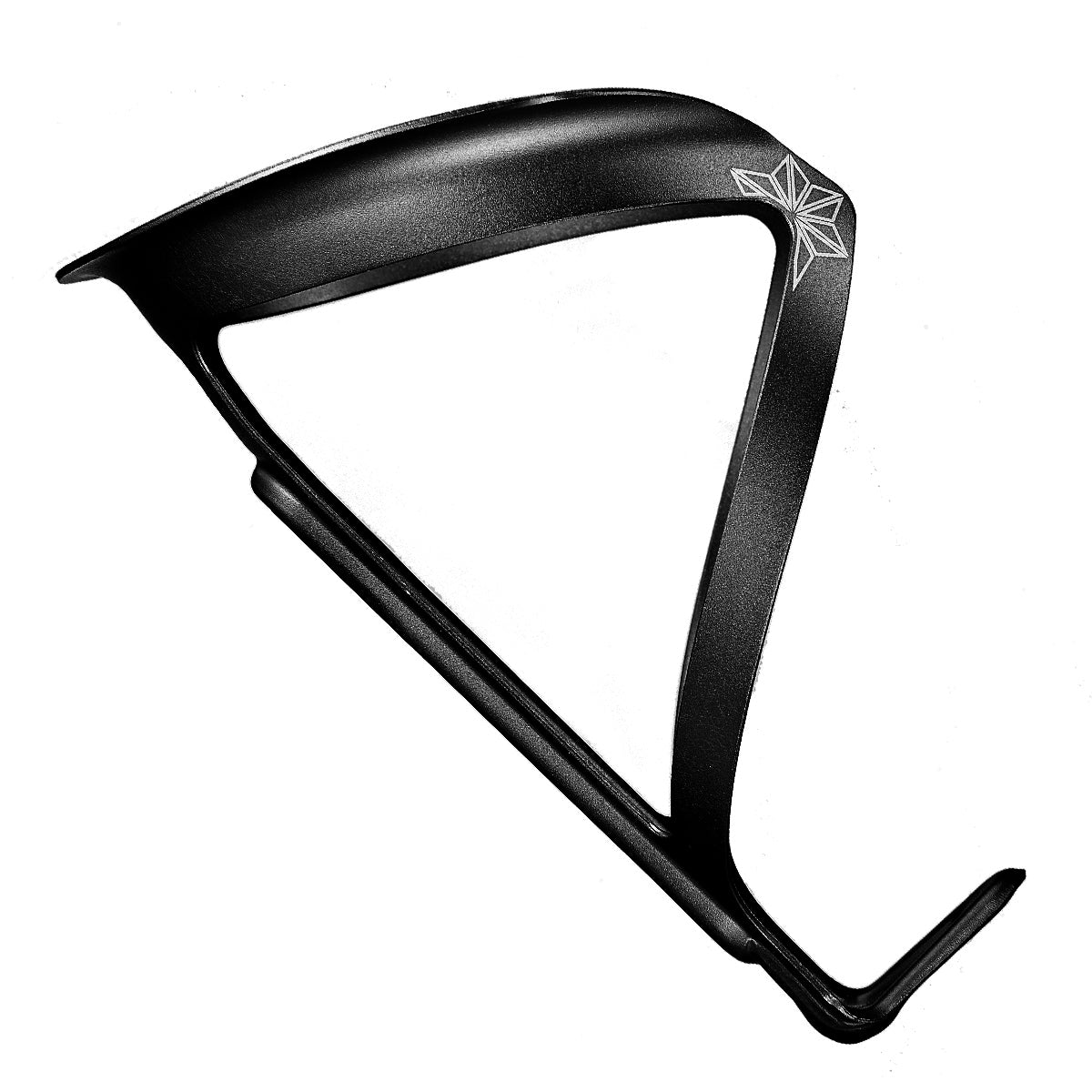 Svart anodiserad cykelflaskhållare i metall med triangelformade öppningar