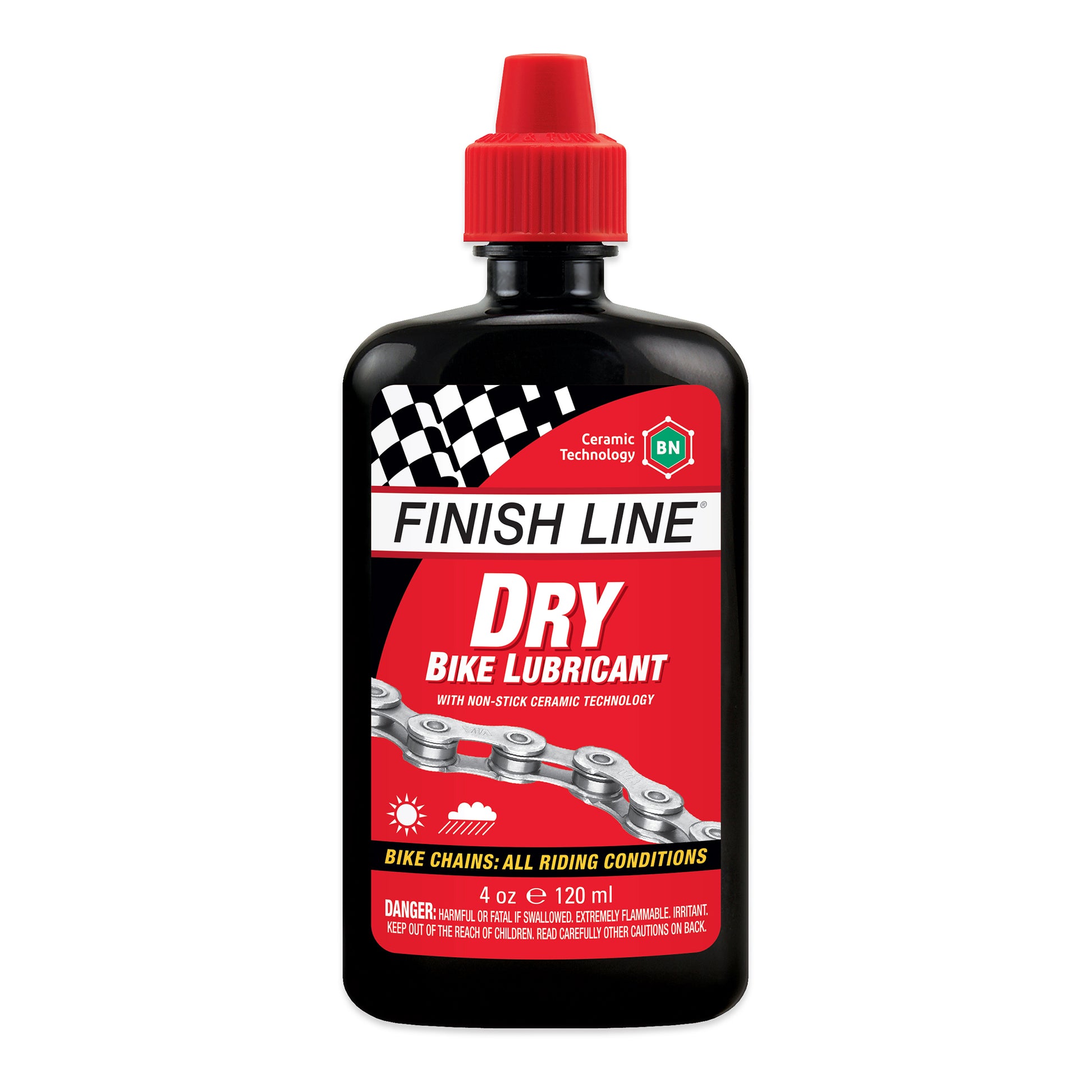 Finish Line dry lube-olja i plastflaska med röd skruvkork, 120 ml