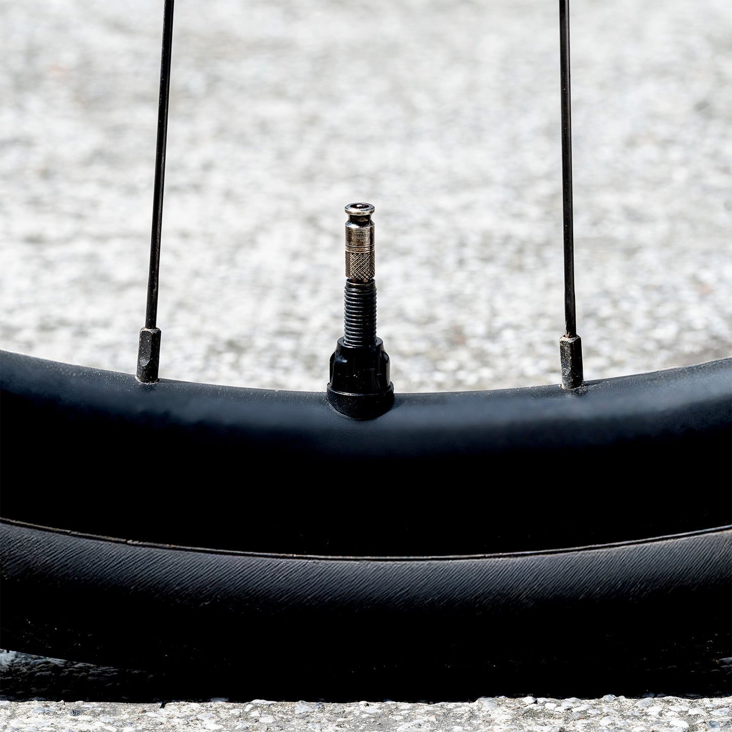 Monterad cykelventil 44 mm på däckkant, svart ventilbas synlig