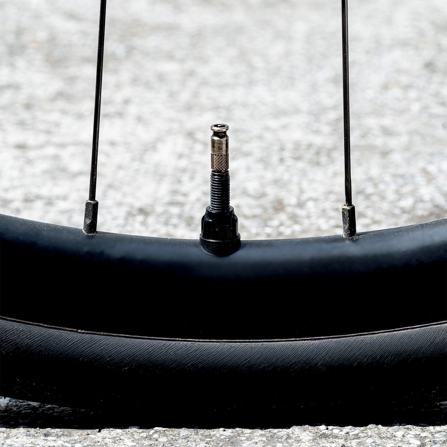 Monterad cykelventil 44 mm på däckkant, svart ventilbas synlig