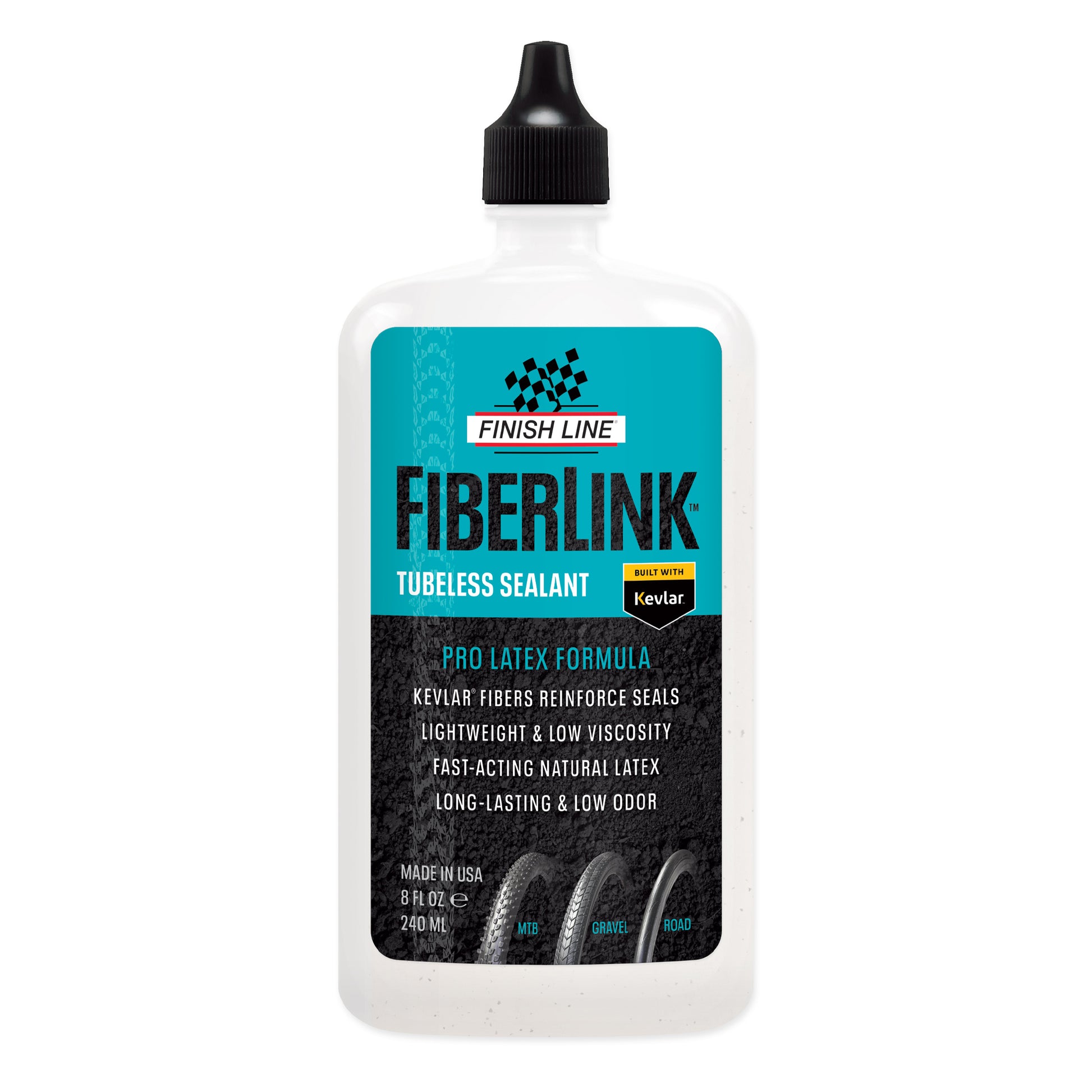 Tubeless tätningsmedel Fiberlink 240 ml i plastflaska med piplock, etikett Finish Line