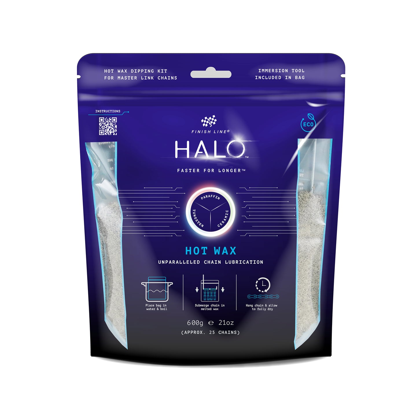 Finish Line HALO vaxgranulat i påse, tydlig front med 600 g och HOT WAX