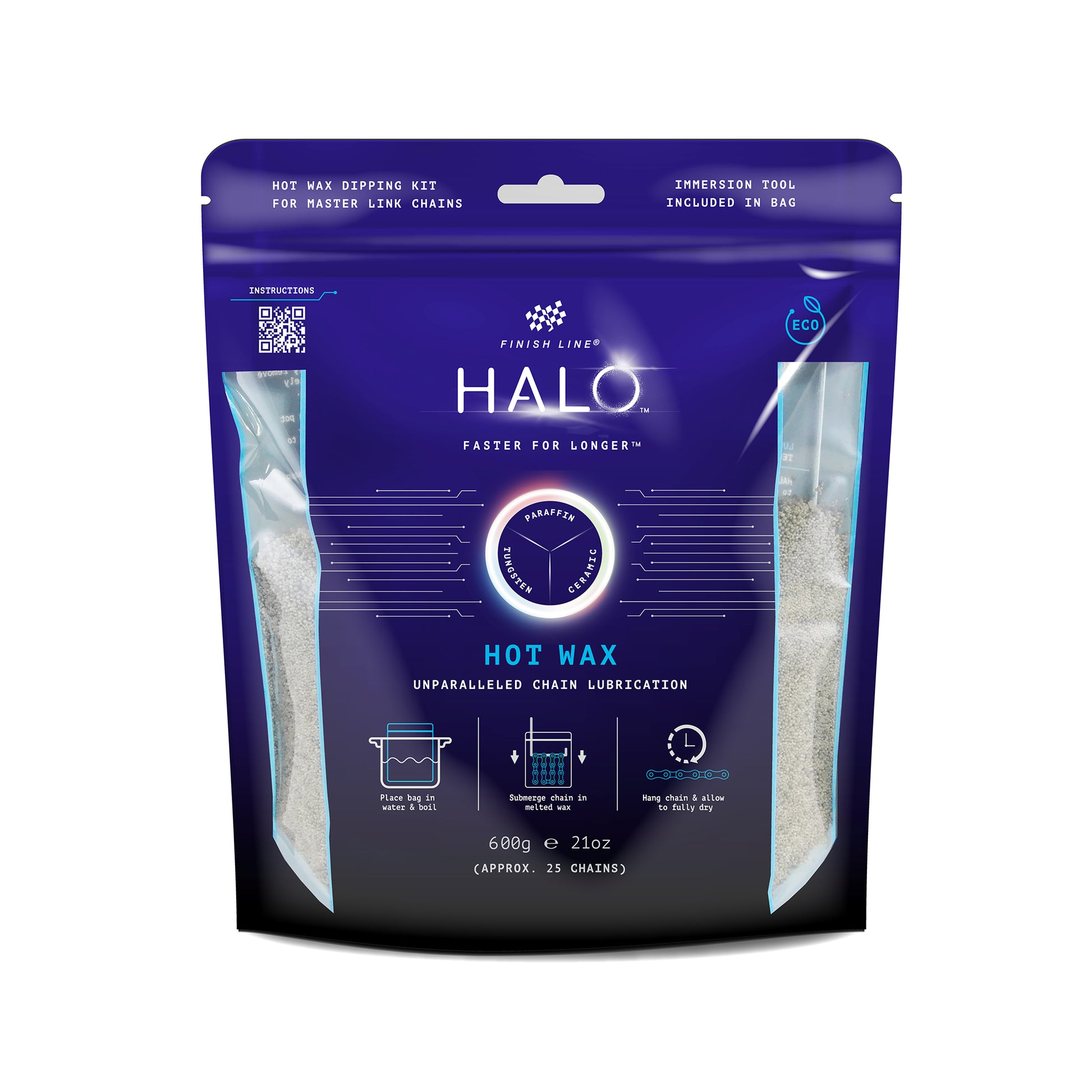 Finish Line HALO vaxgranulat i påse, tydlig front med 600 g och HOT WAX
